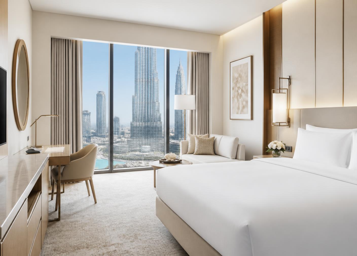 Bright modern hotel room with a Dubai skyline view